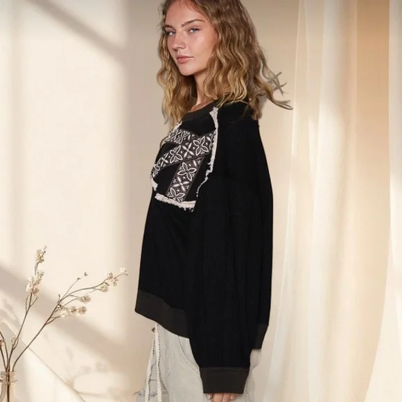 POL Black Boho Peace Sign Patch Sweater | Relaxed Fit Patchwork Top - Picture 3 of 7